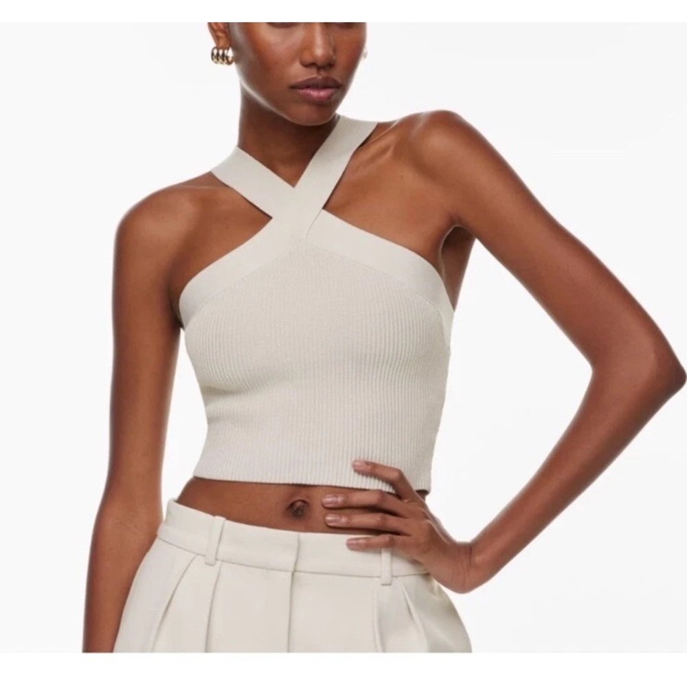 Aritzia Babaton White Ribbed Crossover Strap Tank